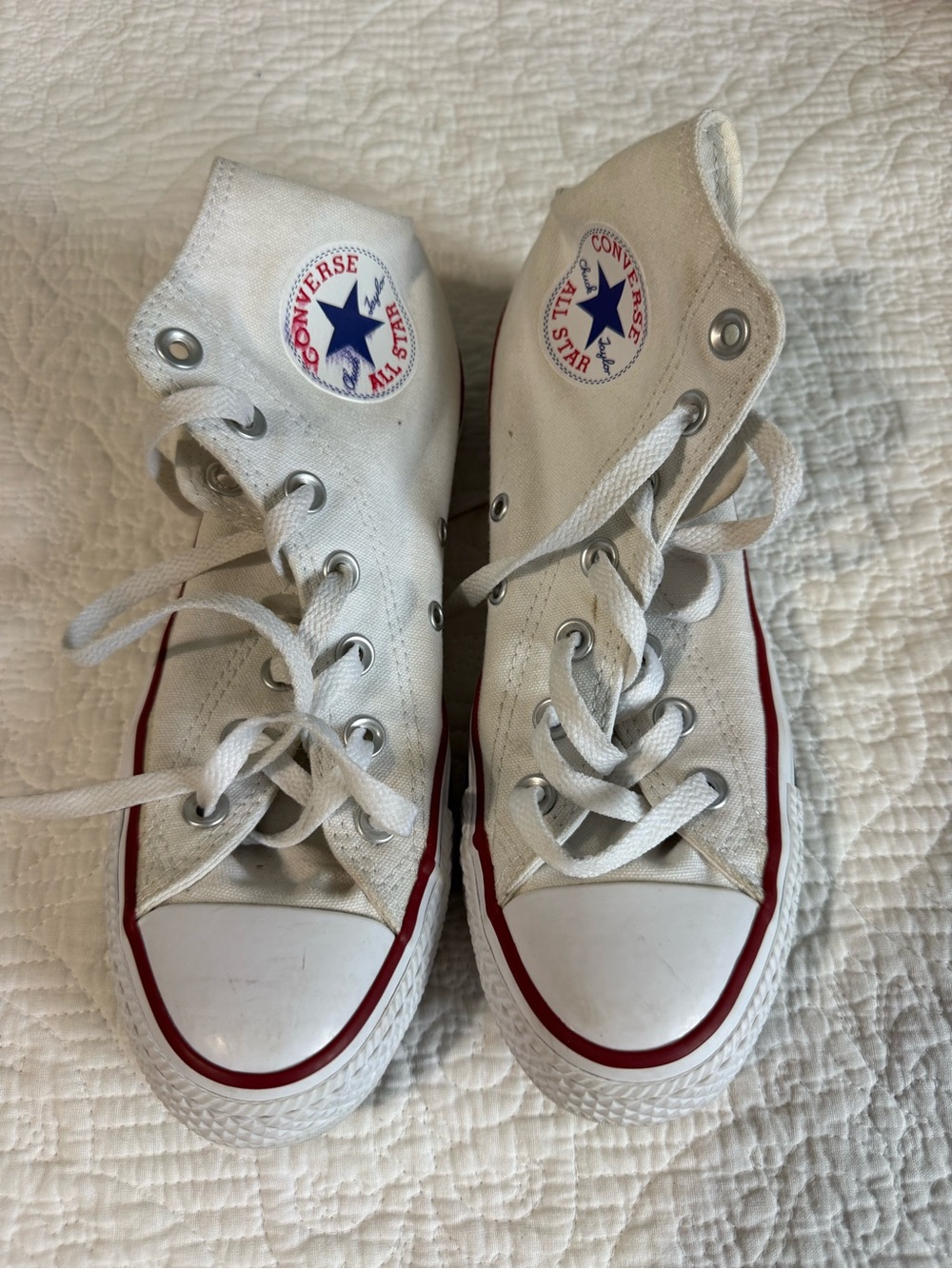 Converse White High Top Sneakers with Red Trim